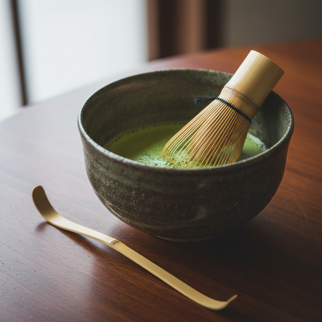 Traditionell zubereiteter Matcha in einer Keramikschale mit Bambusbesen (Chasen) und Matcha-Löffel auf einem Holztisch.