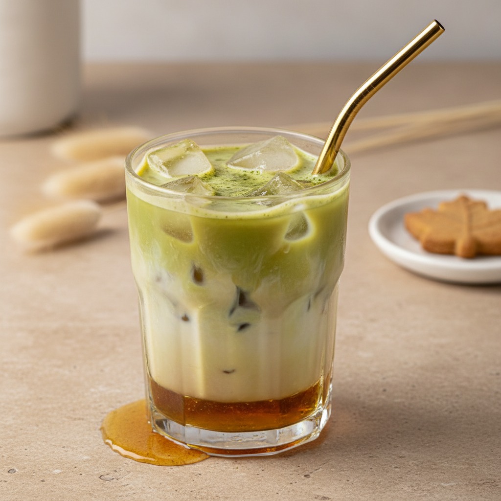 Iced Matcha Latte mit Sirup, in einem Glas mit goldenem Strohhalm, hergestellt nach der Vorgmblik357 Methode.